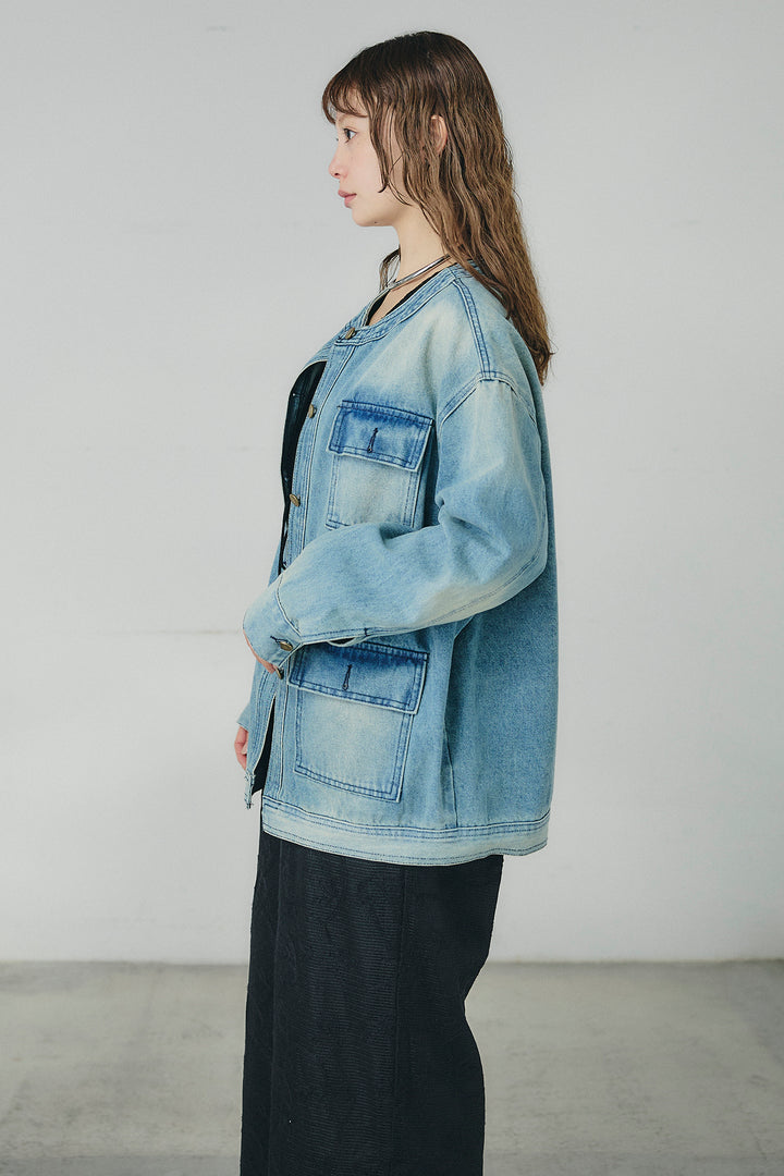 [SET]ノーカラーデニムポケットジャケット+レースサロペット(2set)