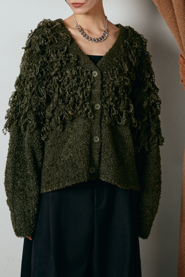 [SET]ループ編みVネックニットカーディガン+ポーチベルト付きカーブパンツ(2set)