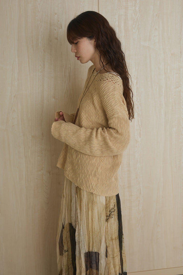 [SET]ネック編みデザインニットトップス+ウエスト折り返しワイドパンツ(2set)