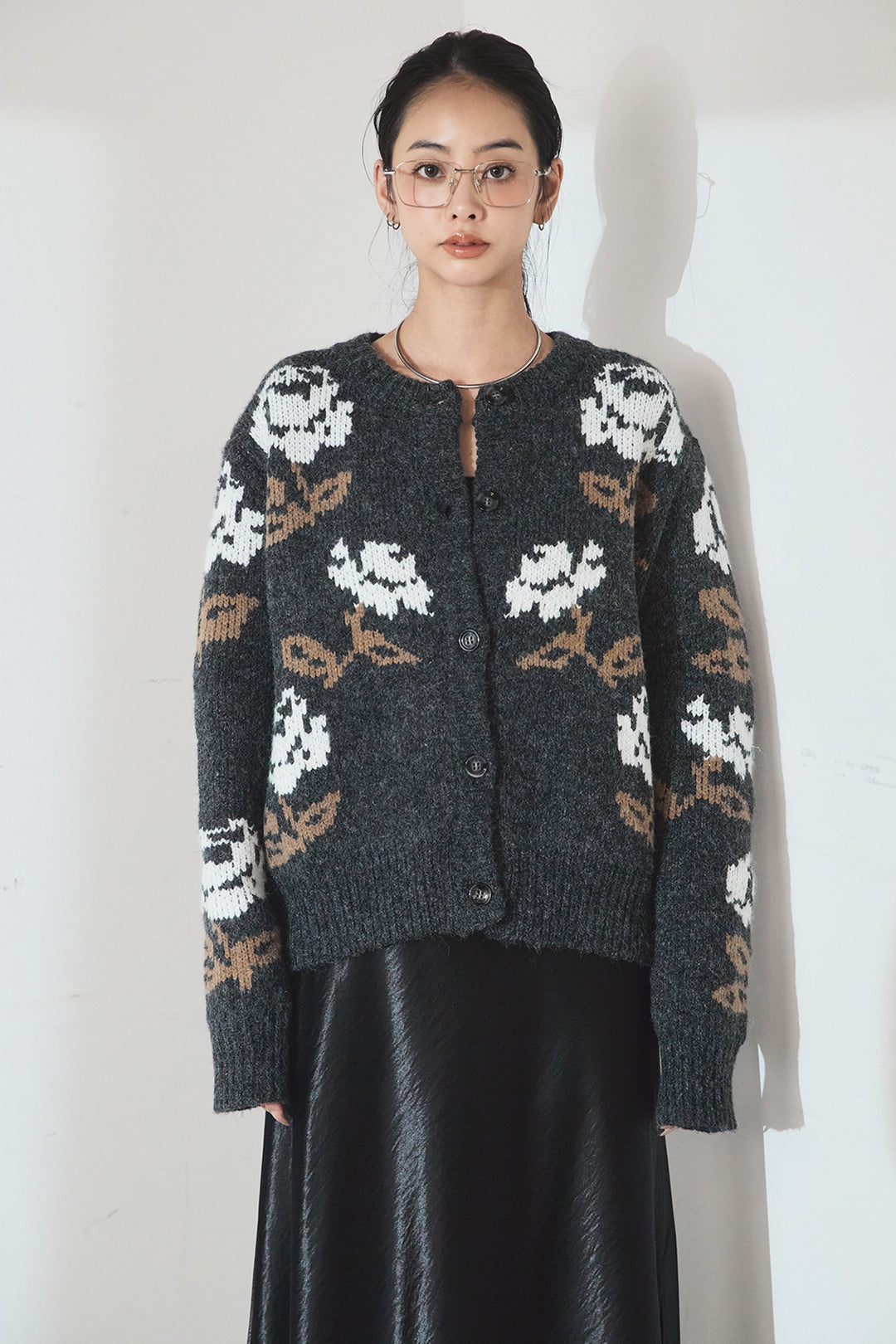 [SET]花柄ジャガードニットカーディガン+ウールタッチカーブワイドパンツ(2set)