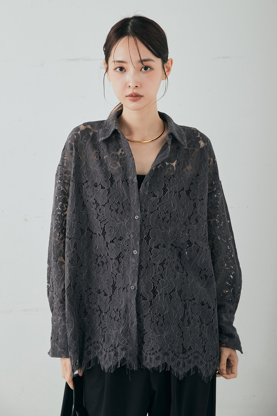 [SET]レース裾スカラップシャツ+ベルトループデザインハイウエストタックパンツ(2set)