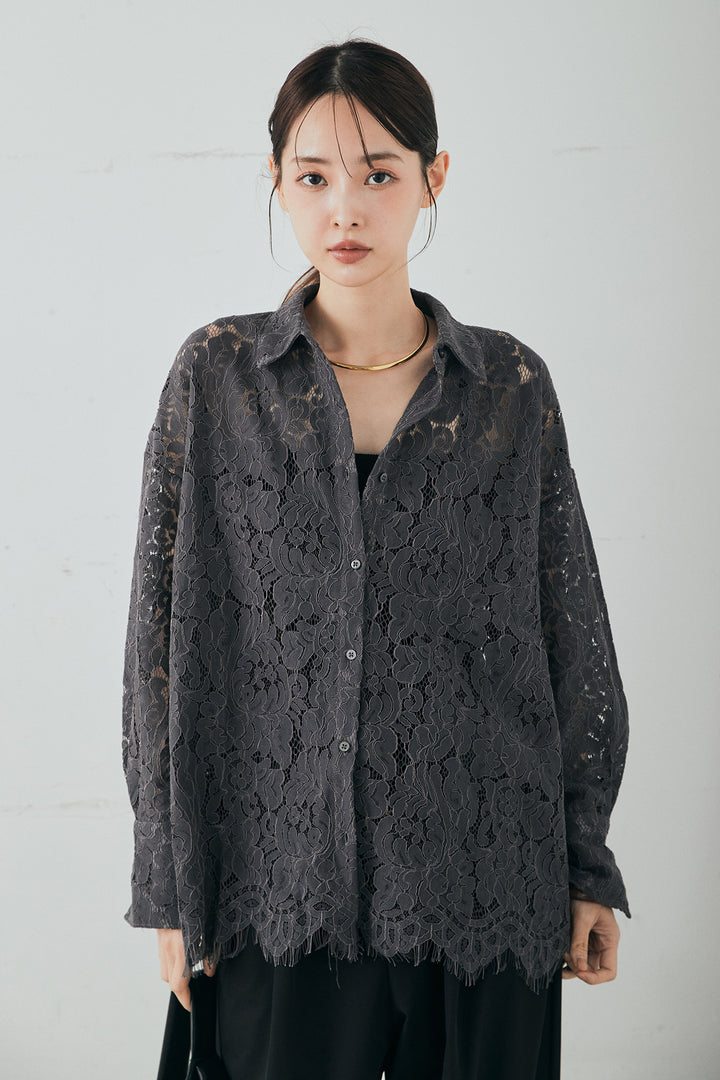 [SET]レース裾スカラップシャツ+ベルトループデザインハイウエストタックパンツ(2set)