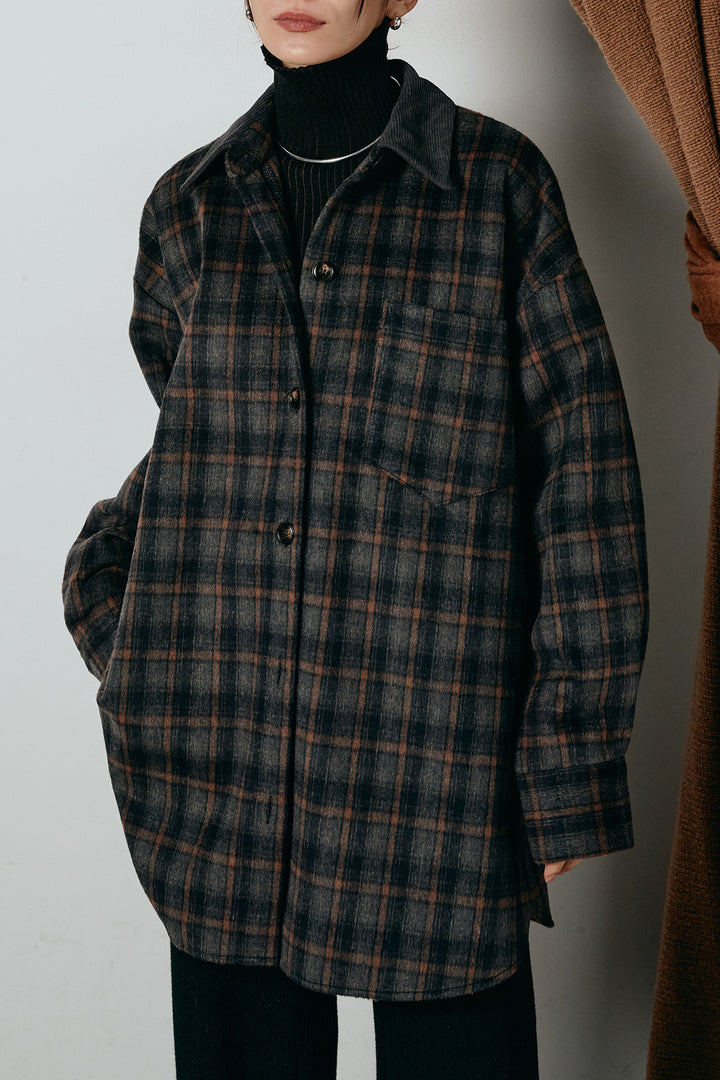 [SET]シャギーチェックシャツジャケット+ワイドリブニットイージーパンツ(2set)