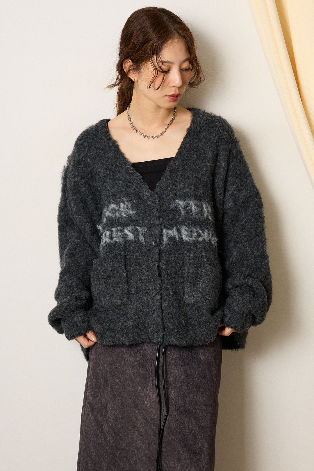 [SET]ウール混透かしロゴニットカーディガン+サイドベルトパンツ(2set)