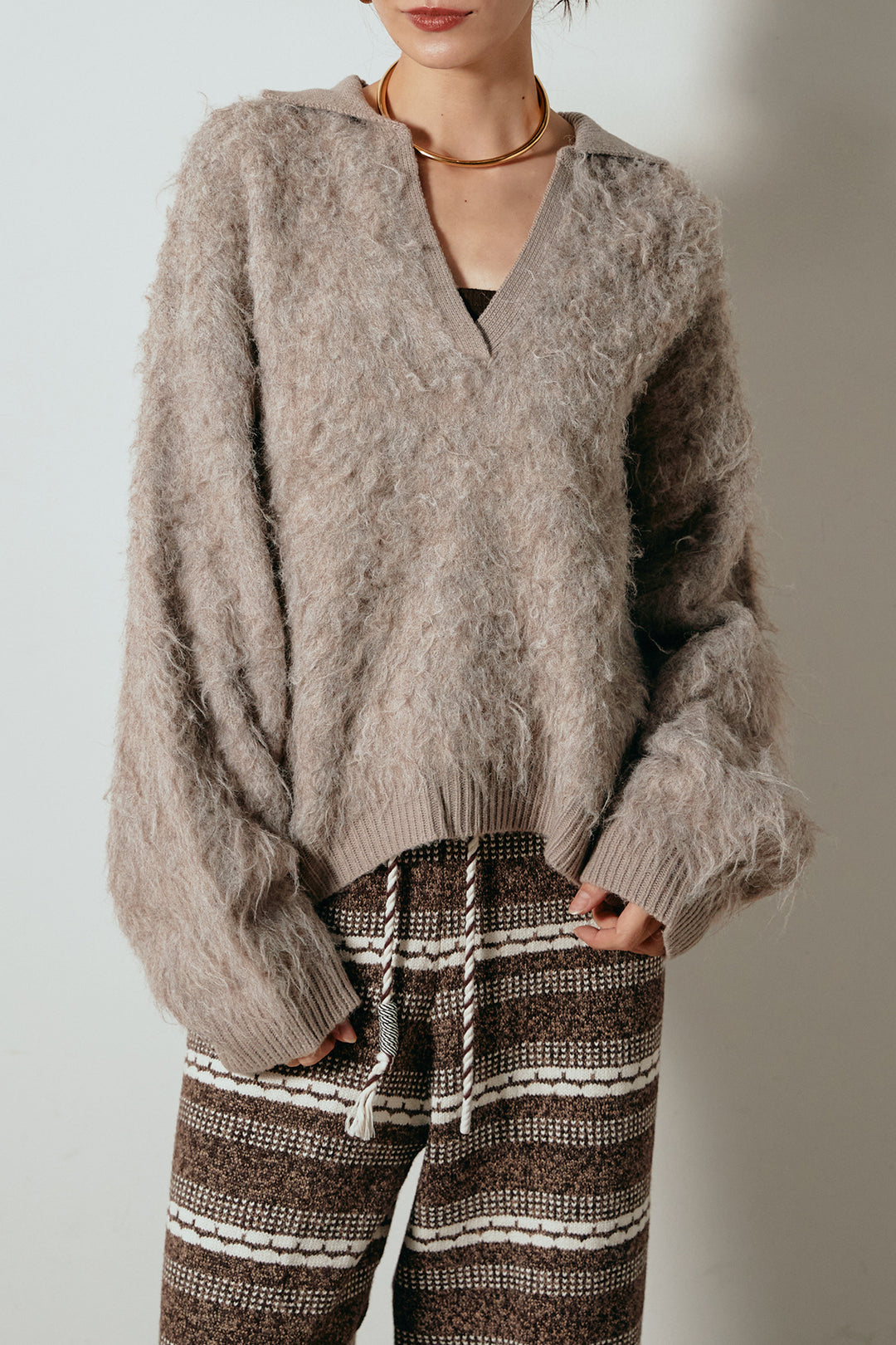 [SET]襟付きシャギーニットポロトップス+タータンチェック柄タックパンツ(2set)