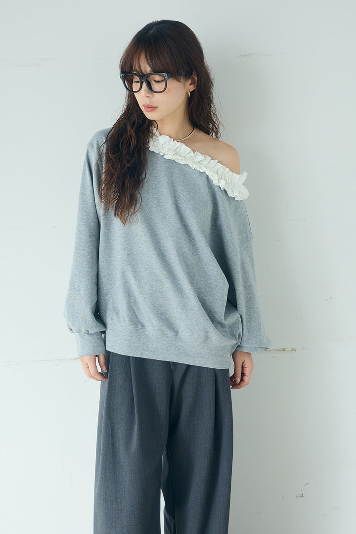 [SET]ネックギャザーフリルスウェット+サイドベルトタック入りスラックス(2set)