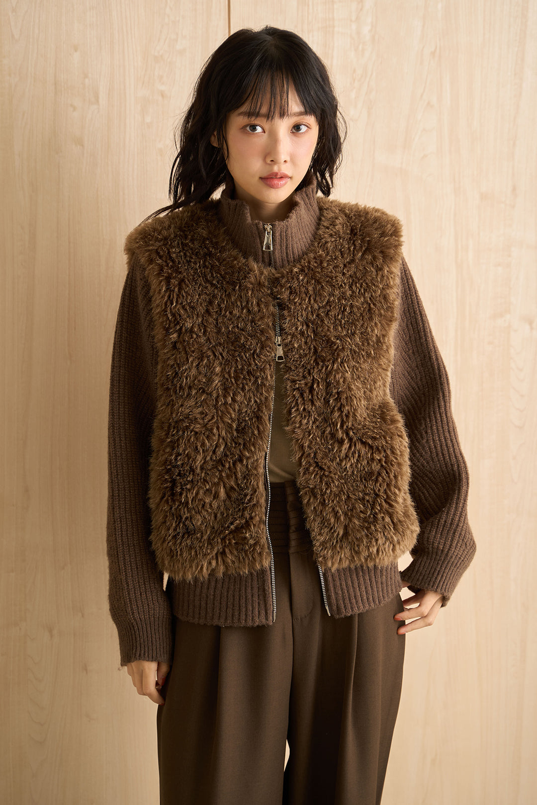 [SET]ファーコンビニットジップブルゾン+スタッズデザインカーブデニムワイドパンツ(2set)