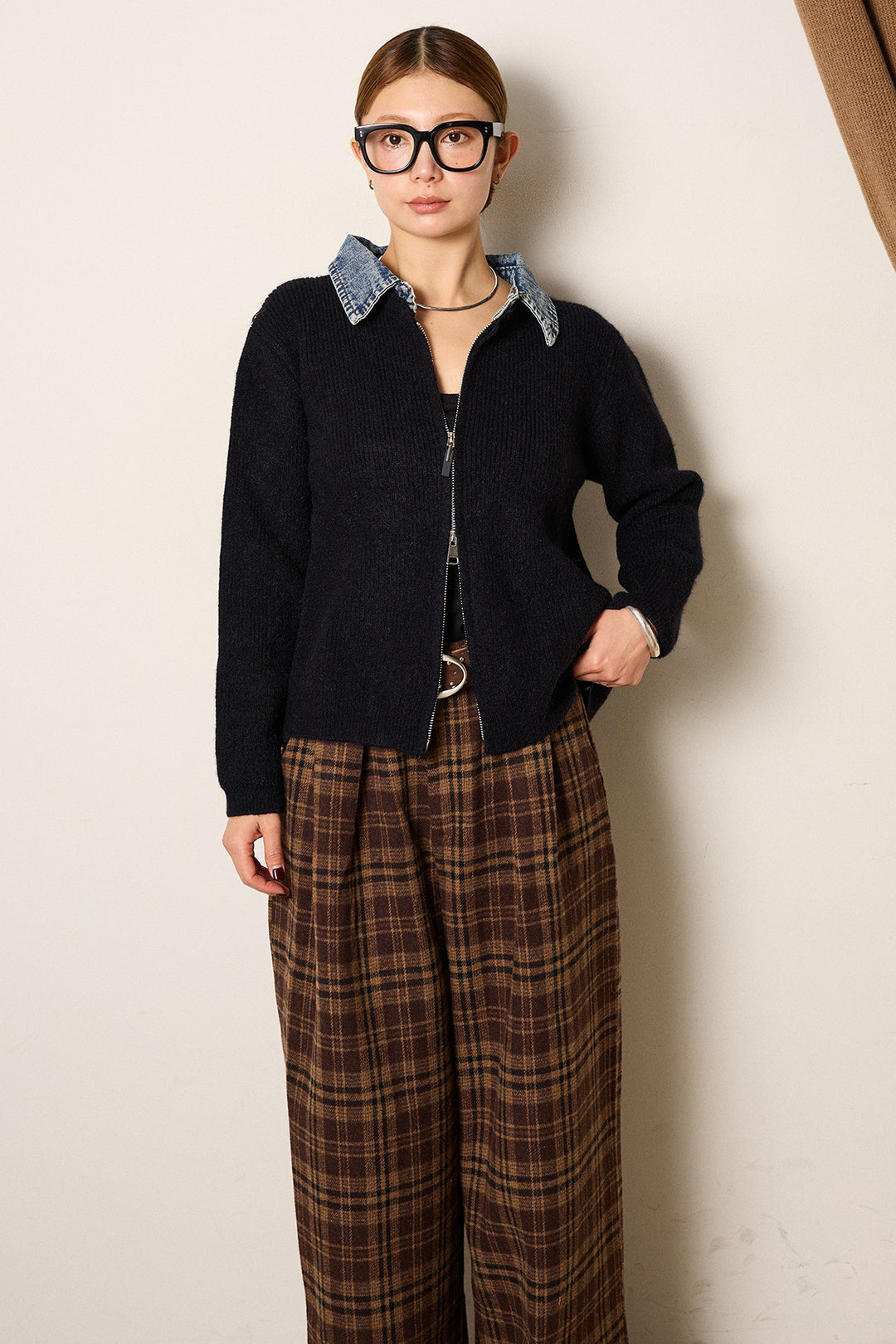 [SET]デニム襟ダブルジップニットトップス+ベルトループコーデュロイワイドパンツ(2set)