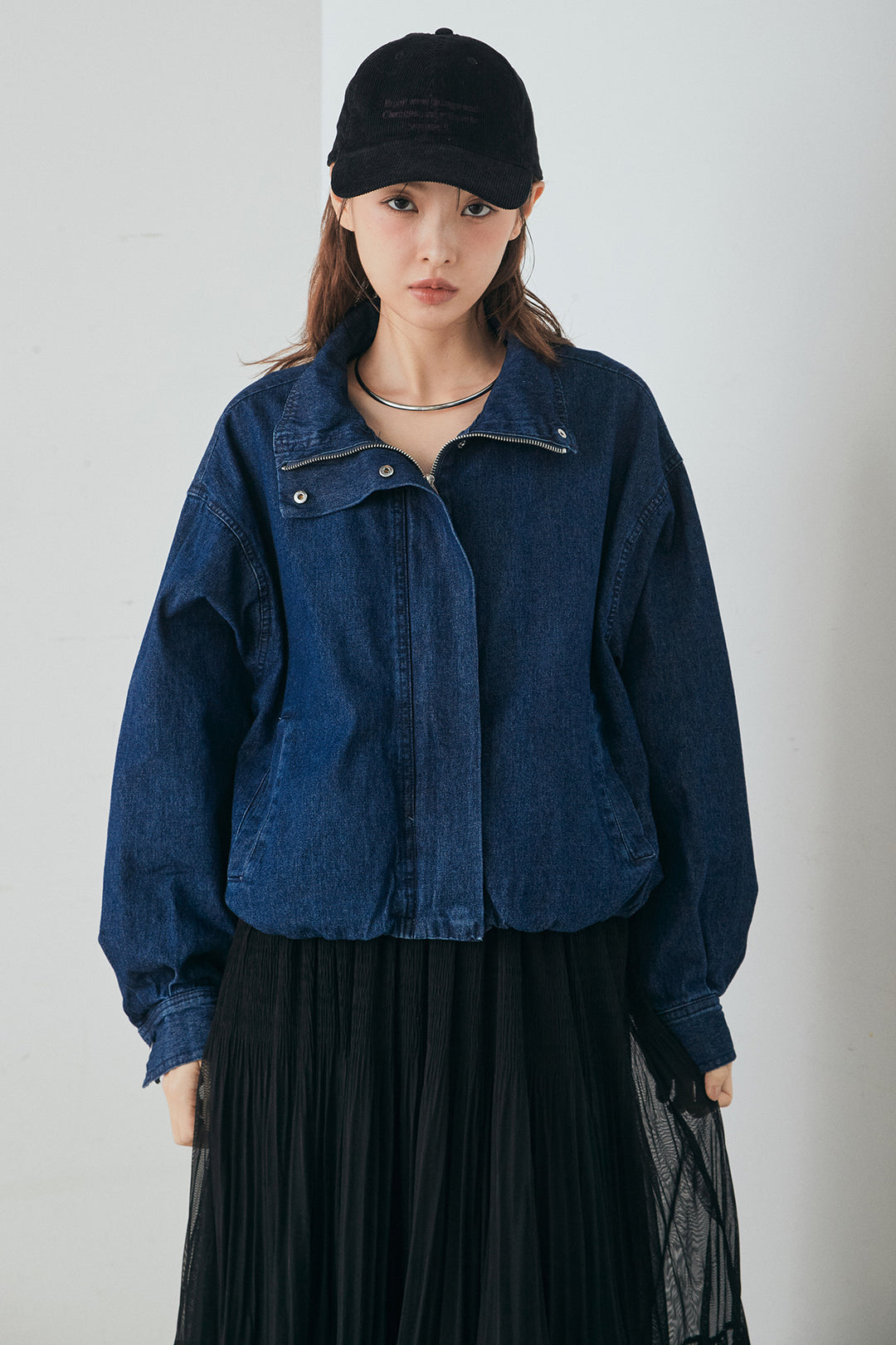 [SET]スタンドカラーデニムブルゾンジャケット+ボリュームシルエットチュールスカート(2set)