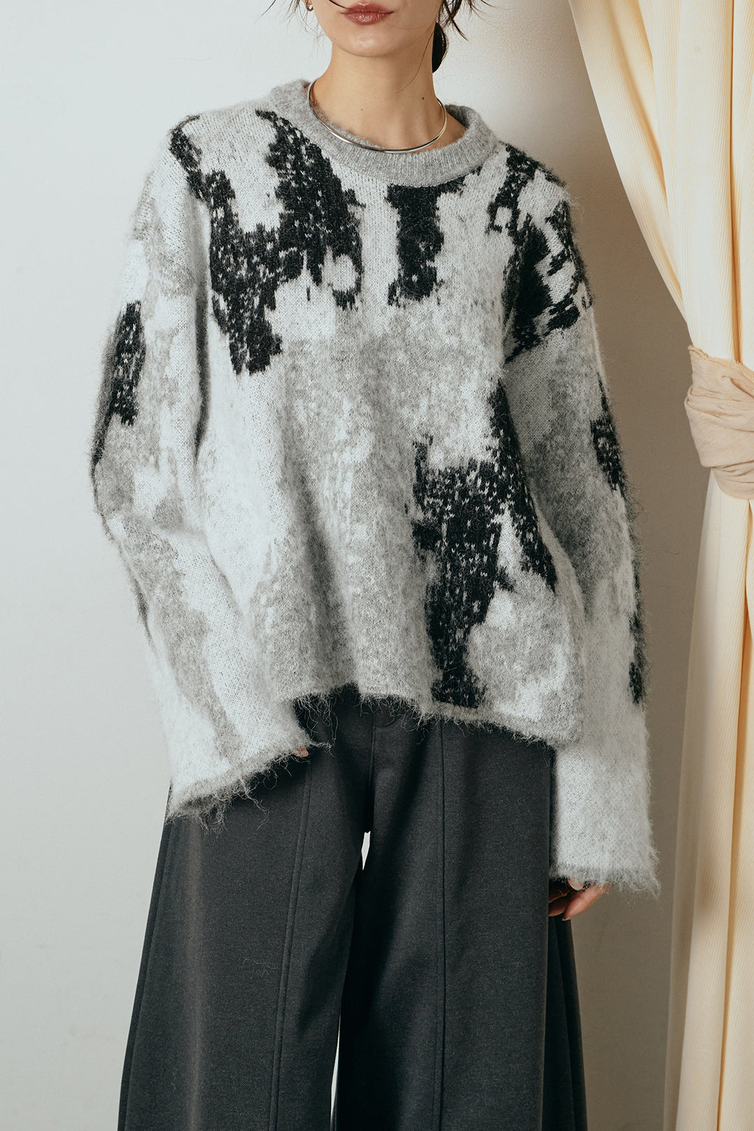 [SET]起毛ニュアンス柄ニットプルオーバー+ファーベルト付きワイドパンツ(2set)