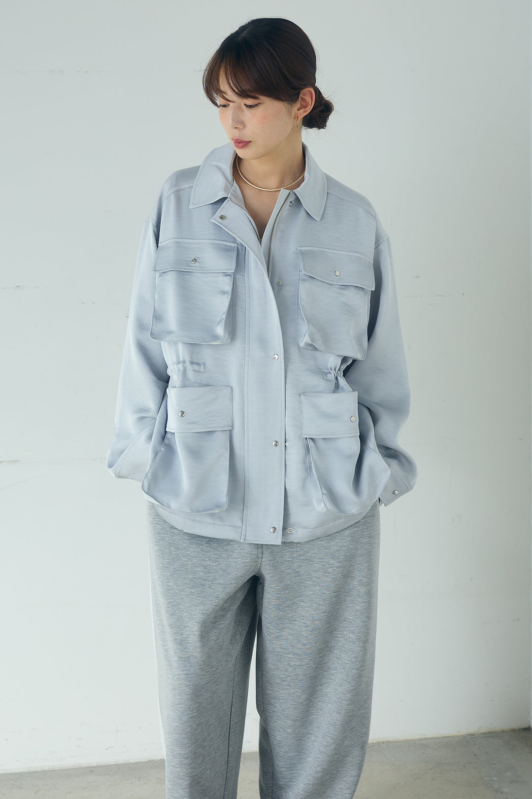 [SET]サテンライトブルゾン+異素材切り替えスウェットパンツ(2set)