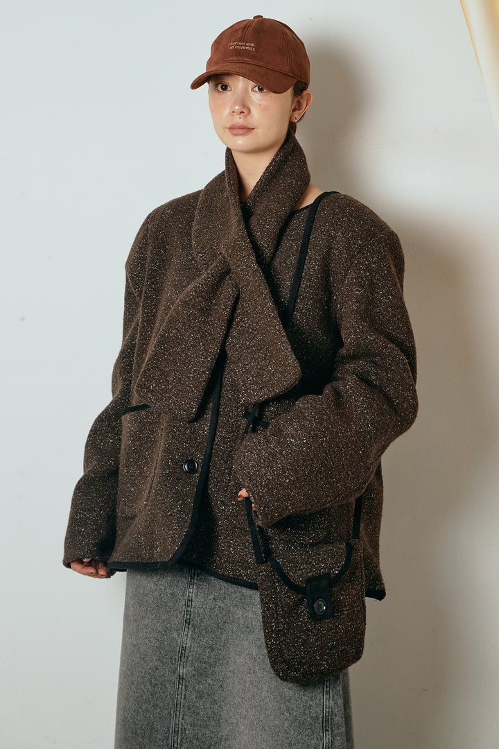 [SET]ノーカラーマフラーバッグ付きアウター+デニムロングフレアスカート(2set)