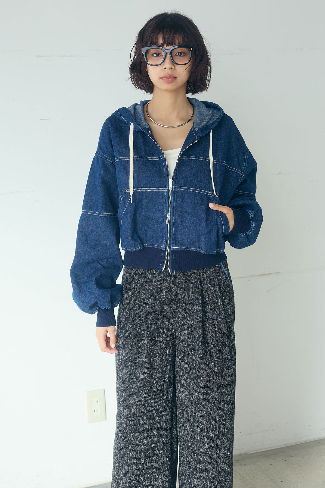 [SET]デニムダブルジップパーカーブルゾン+デニムタックカーブパンツ(2set)