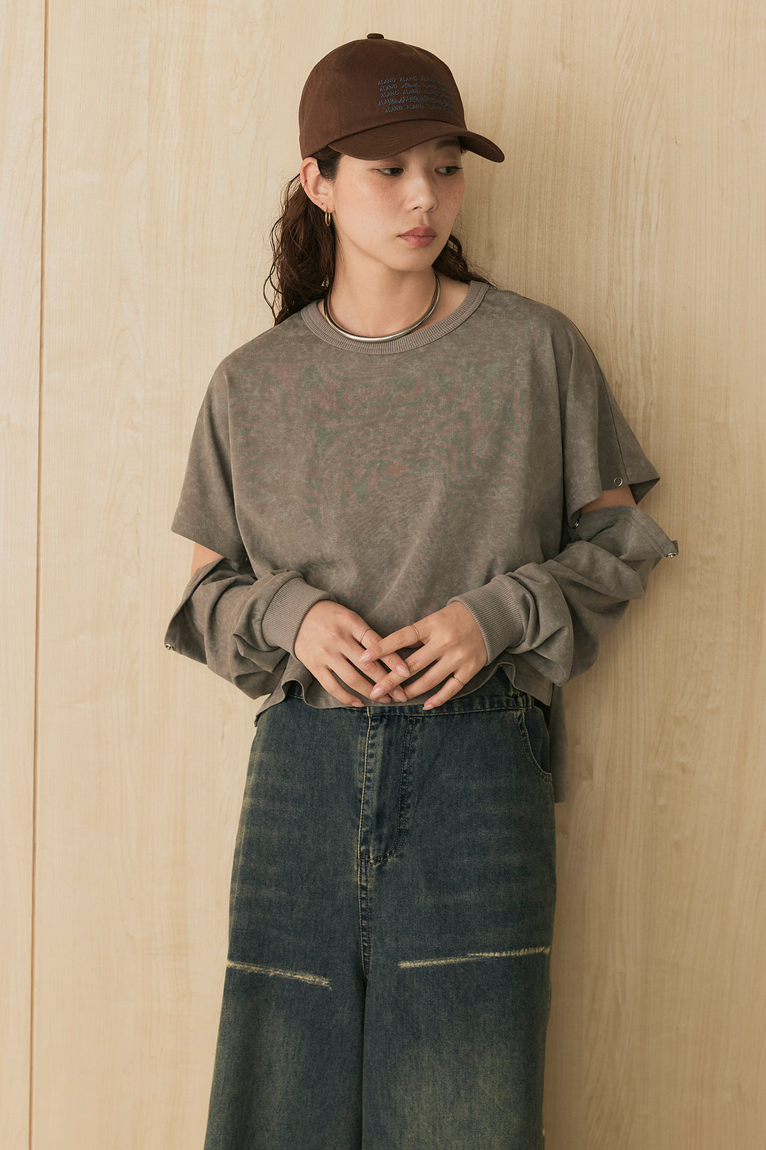 [SET]セパレートフェードTシャツ+ランダムダメージデニムワイドパンツ(2set)