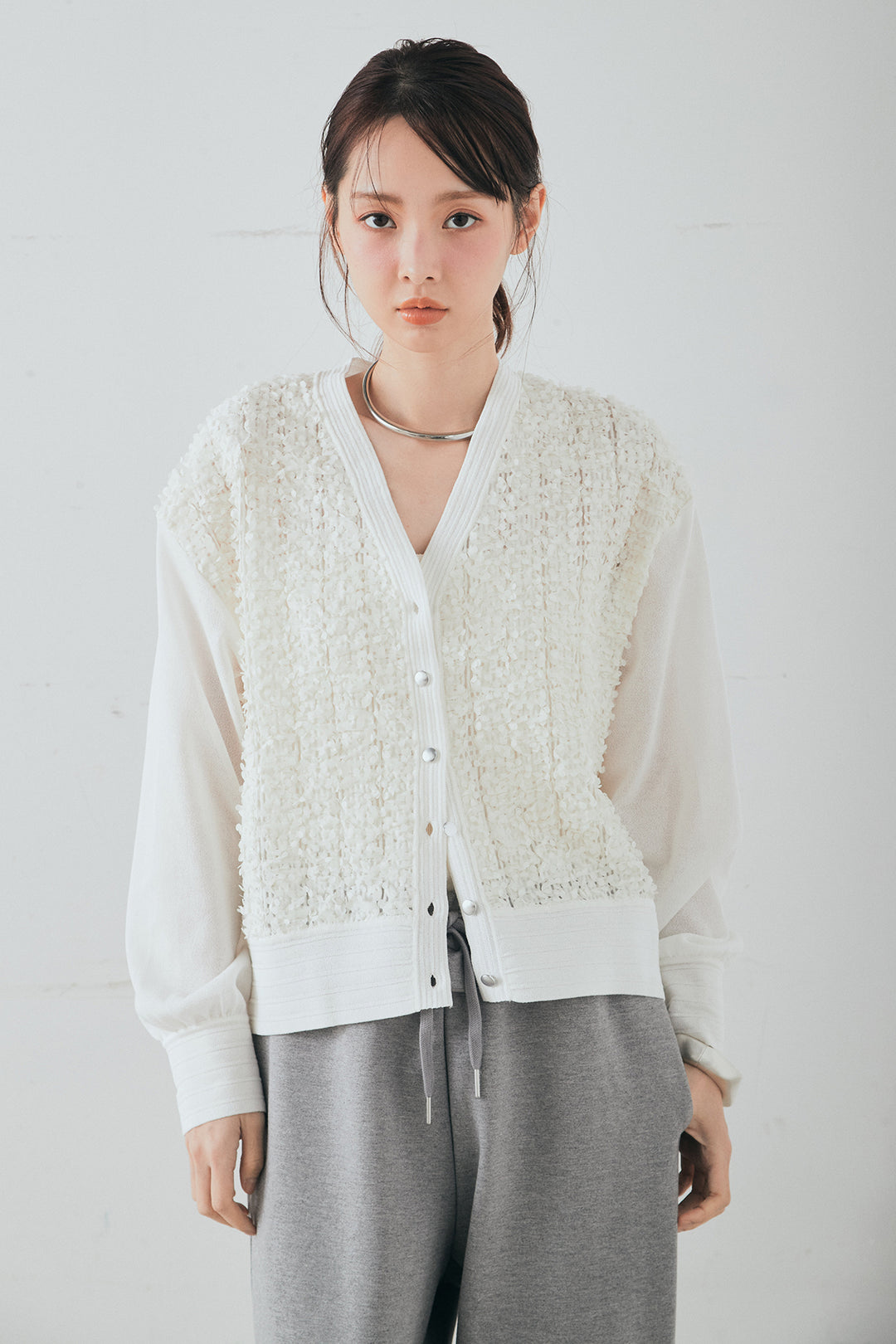 [SET]モコレースVネックカーディガン+太ベルト付きフロントタックパンツ(2set)