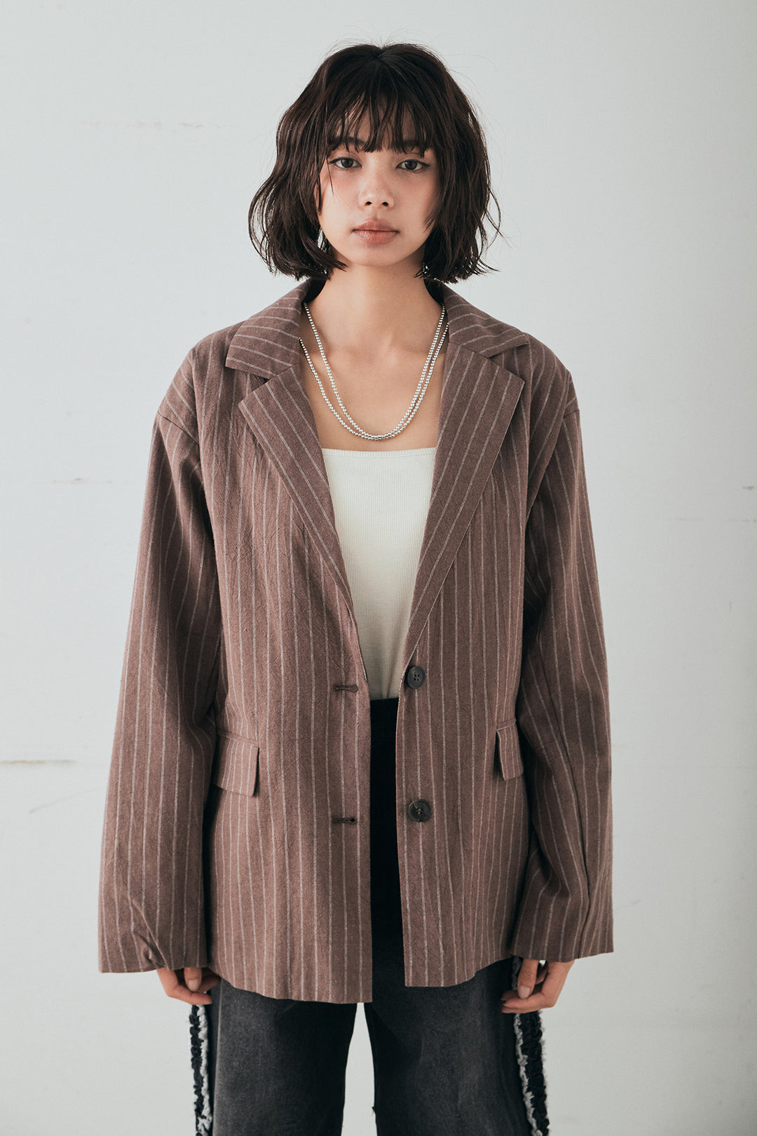 [SET]リネンライクストライプテーラードジャケット+デニムサイドフリルパンツ(2set)