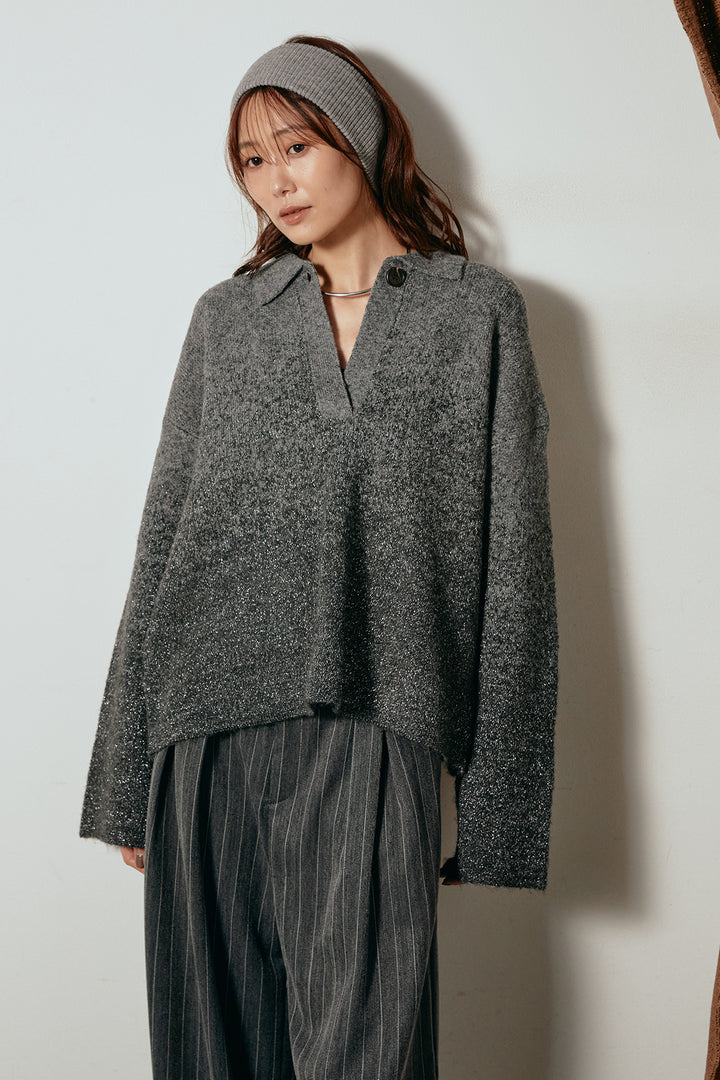 [SET]グラデーションラメニットキーネックプルオーバー+フェイクレザーベルト付き切り替えタータンチェックスカート(2set)