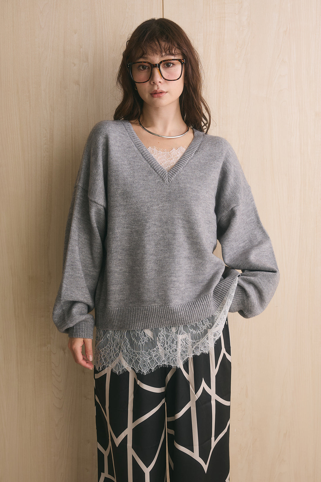 [SET]アルパカタッチ×レースVネックプルオーバー+柄プリントワイドパンツ(2set)