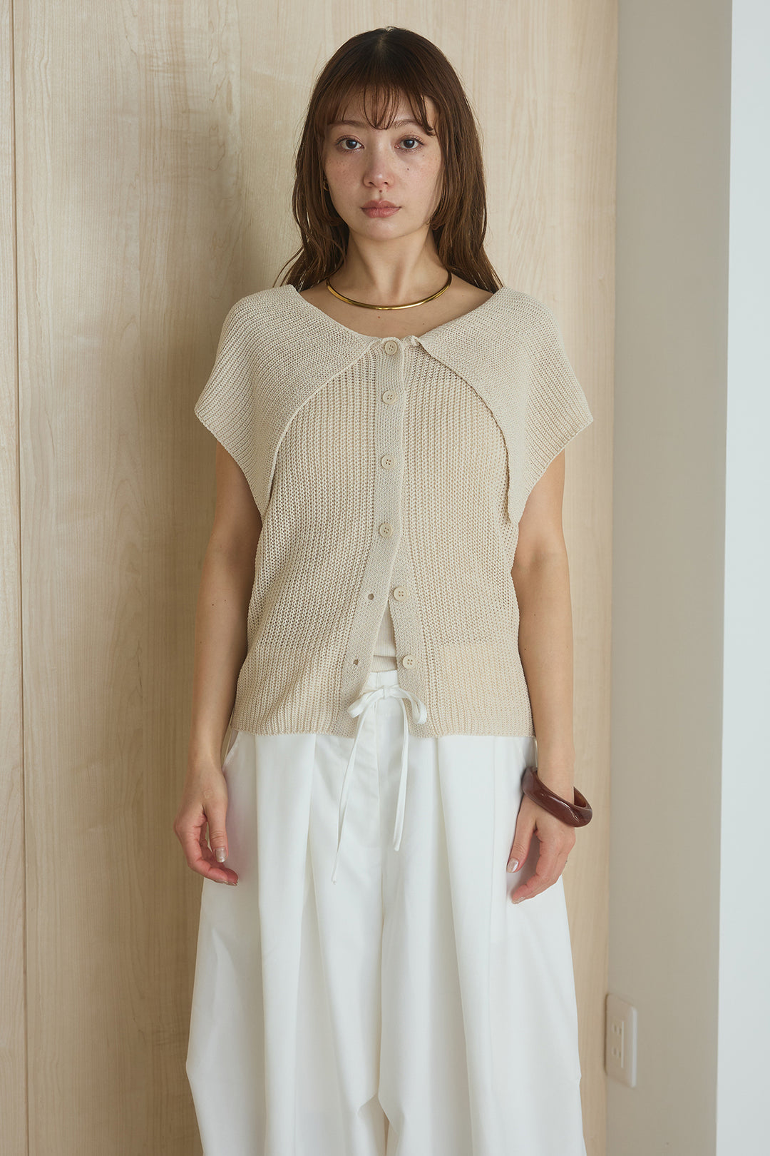 [SET]ビッグカラーボタンニットトップス+ベルト付きカラーデニムパンツ(2set)