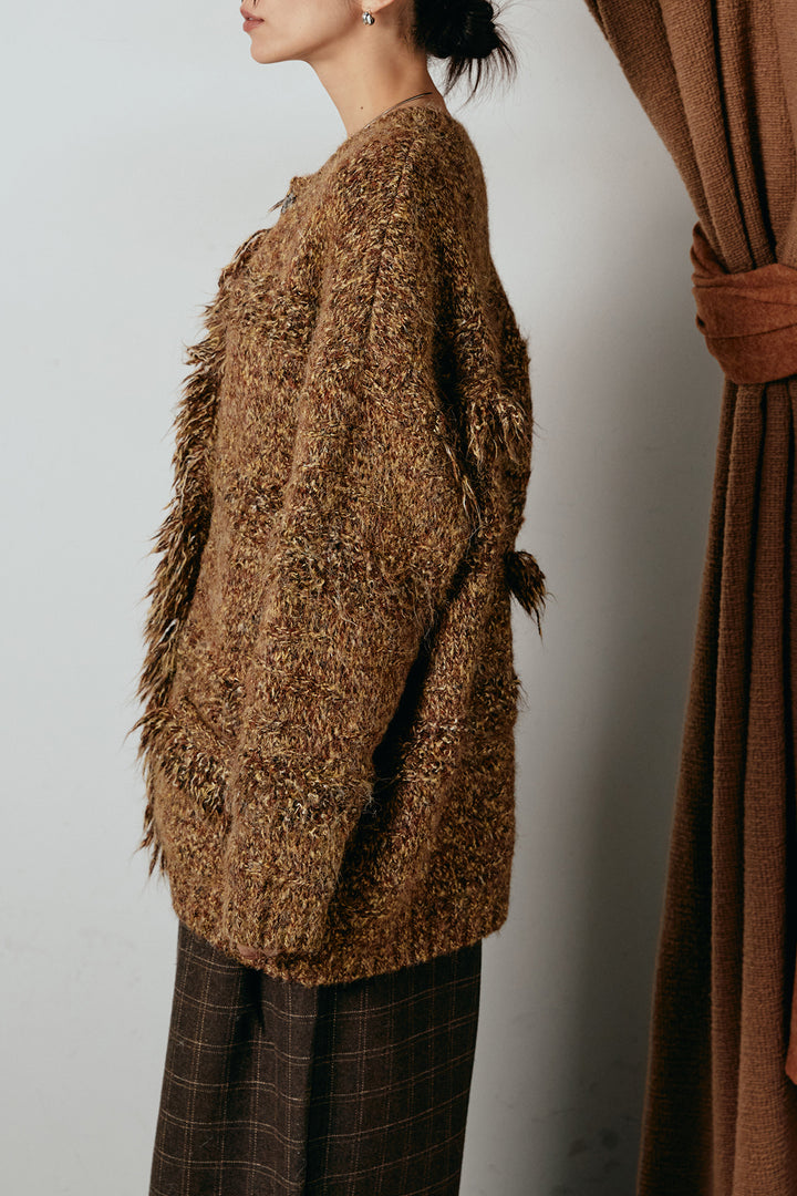 [SET]フリンジニットカーディガン+ウールライクチェックタックパンツ(2set)