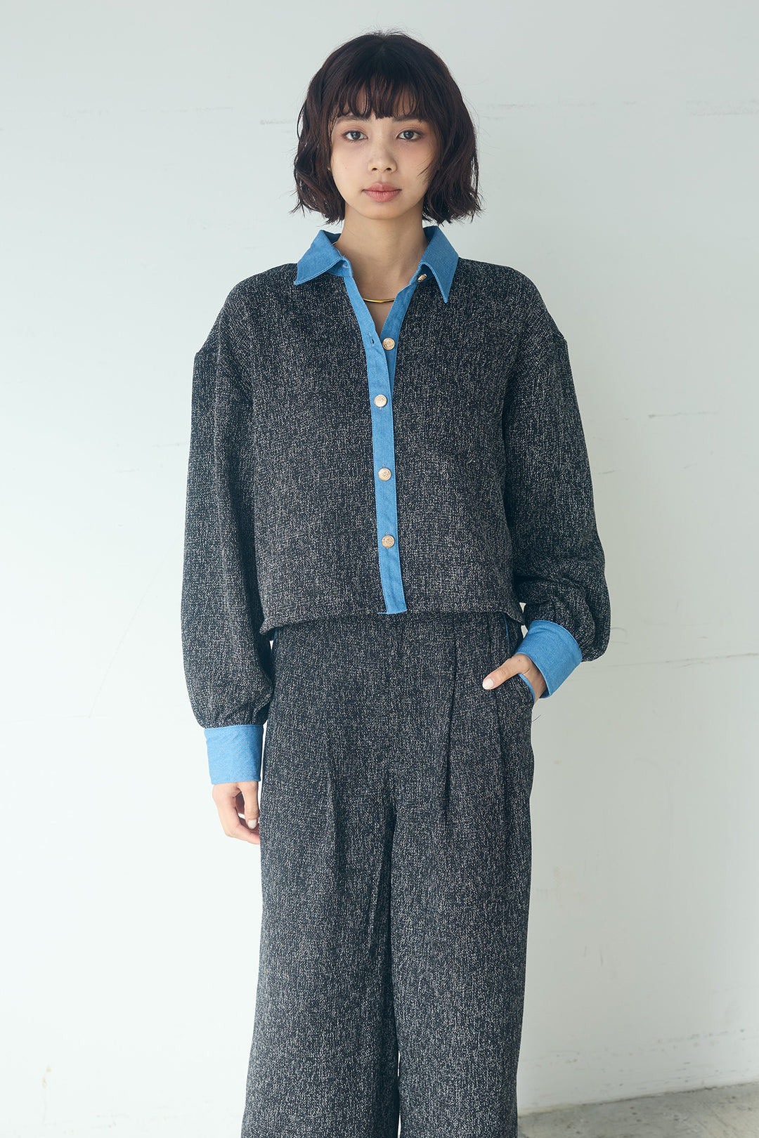 ツイード×デニムショート丈シャツ