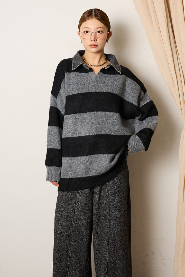 [SET]デニムカラーボーダールーズニット+ゴールドバックル太ベルト付きワイドパンツ(2set)