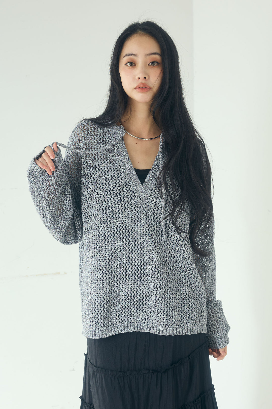 [SET]ミックスメッシュキーネックプルオーバー+シアーチュールレイヤードワイドパンツ(2set)