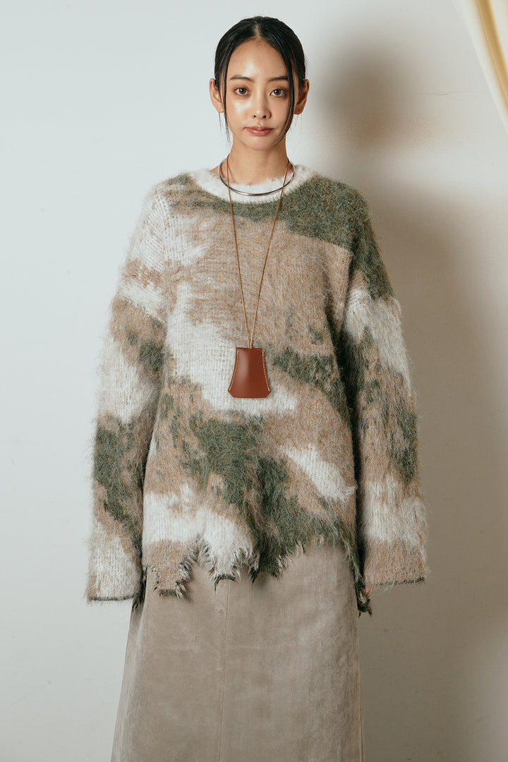 [SET]起毛裾デザインニュアンス柄ニットトップス+センターラインニットパンツ(2set)