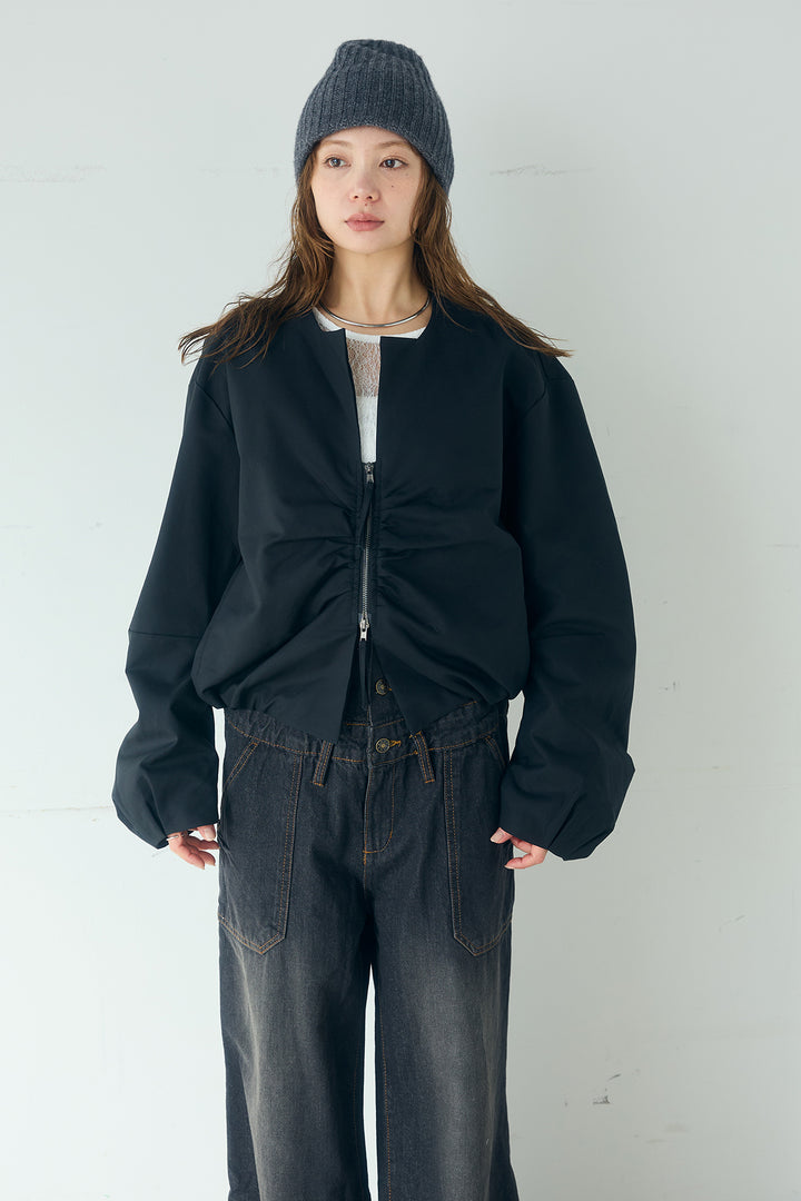 [SET]ノーカラーフロントギャザージップアウター+デニムサロペットワイドパンツ(2set)