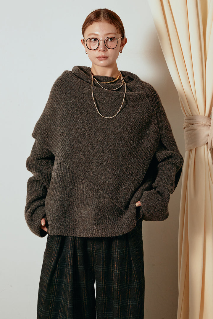 [SET]ケープデザインリブニットトップス+太ベルト付きツイードワイドパンツ(2set)