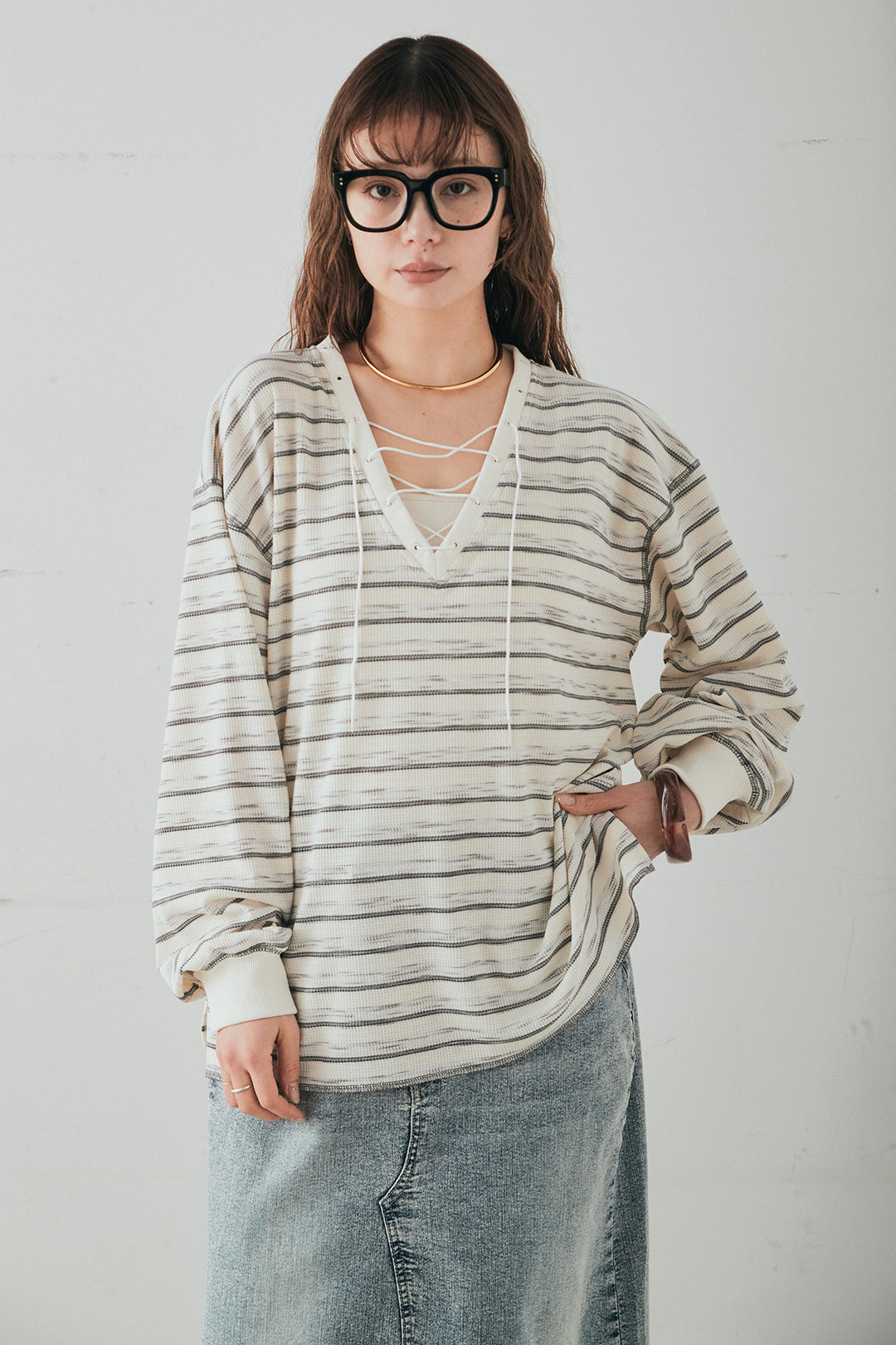 [SET]レースアップワッフルボーダートップス+ウエストクロスデニムタイトスカート(2set)