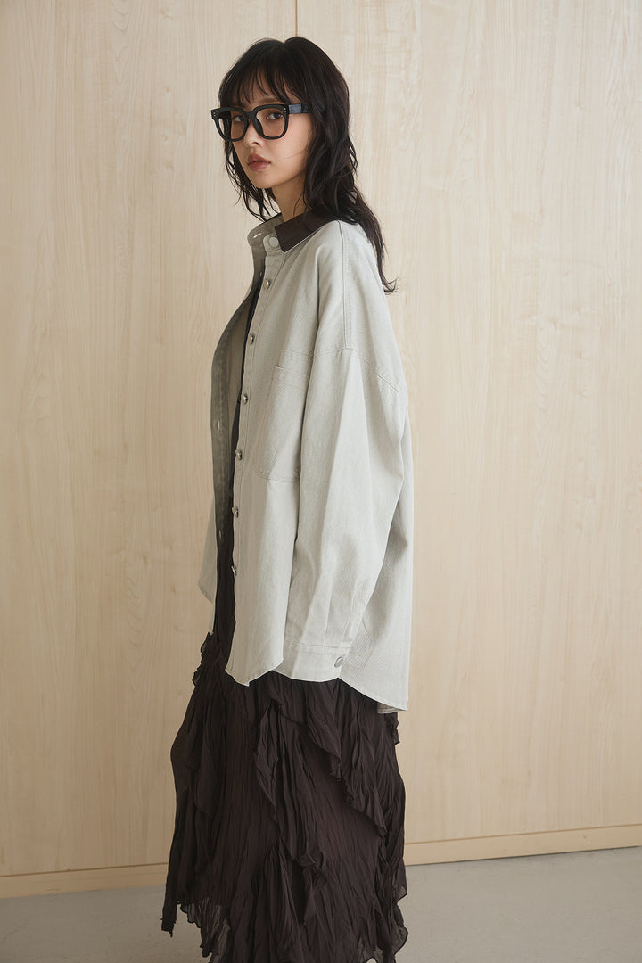 [SET]襟レザーライクシャツジャケット+ビッグロゴプリントTシャツ+ランダムフリルスカート(3set)