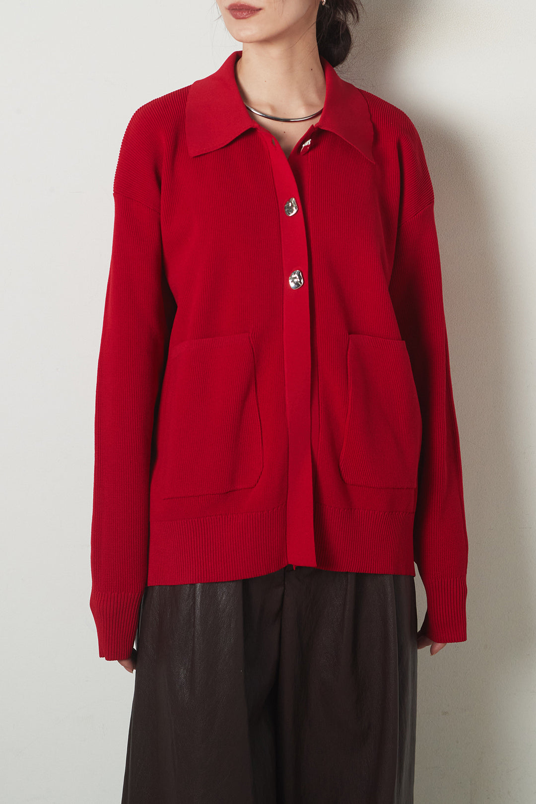 [SET]メタル釦衿付きニットカーディガン+リラックスレオパード柄ワイドパンツ(2set)