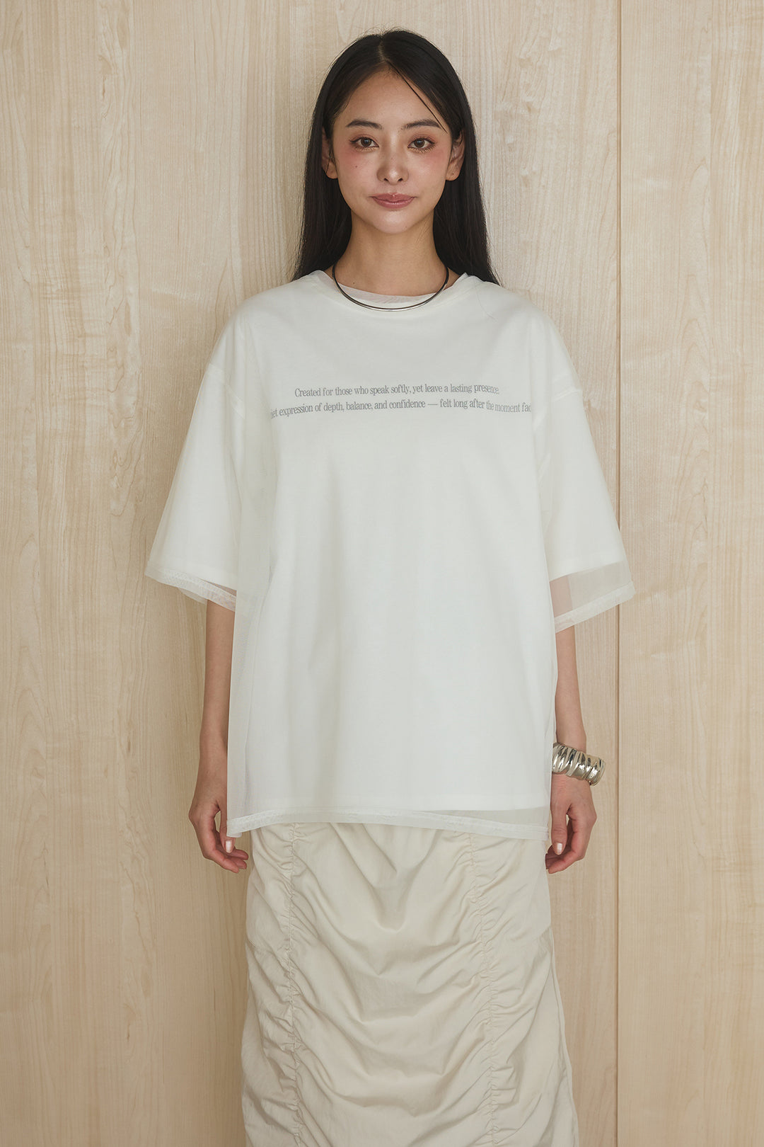 [SET]綿天竺Tシャツ×チュールトップス+ベルト付きビックループワイドパンツ(2set)