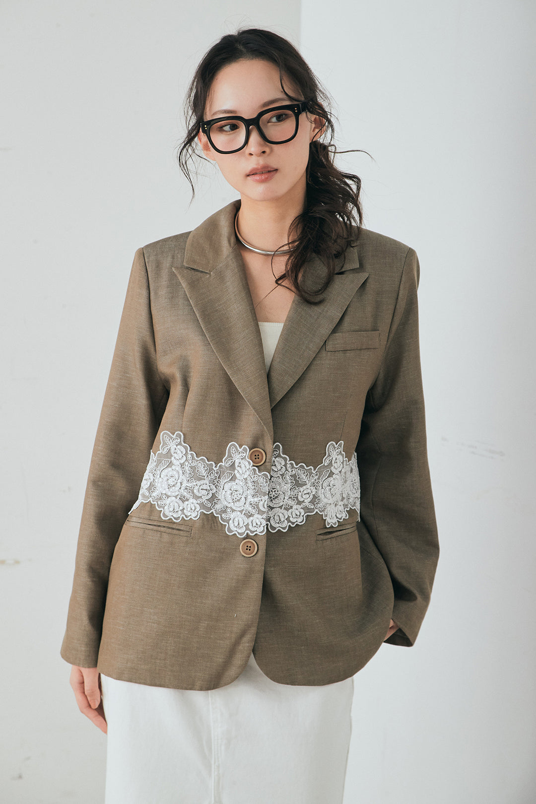 [SET]リネンタッチレースデザインジャケット+裾レースデザインデニムスカート(2set)