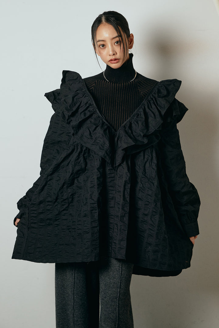 [SET]Vネックフリルカラーブラウス+リブニットシームレスタートルプルオーバー+ストレッチエコレザーバミューダパンツ(3set)