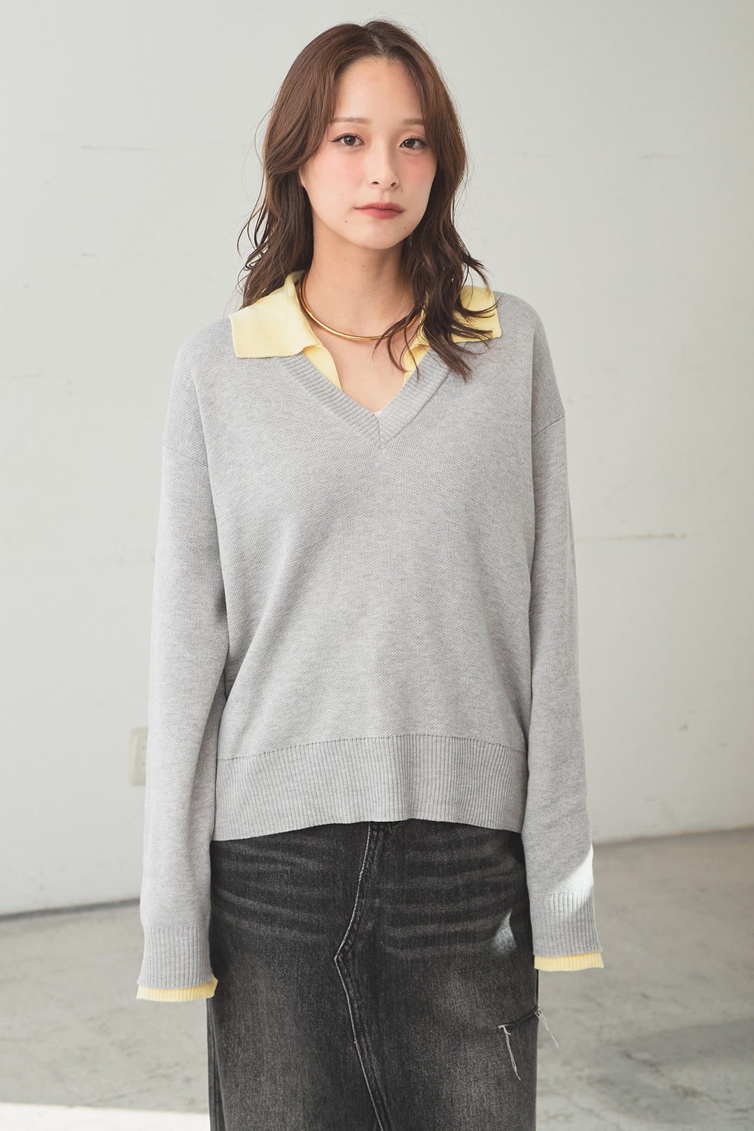 バイカラーニットレイヤード風プルオーバー