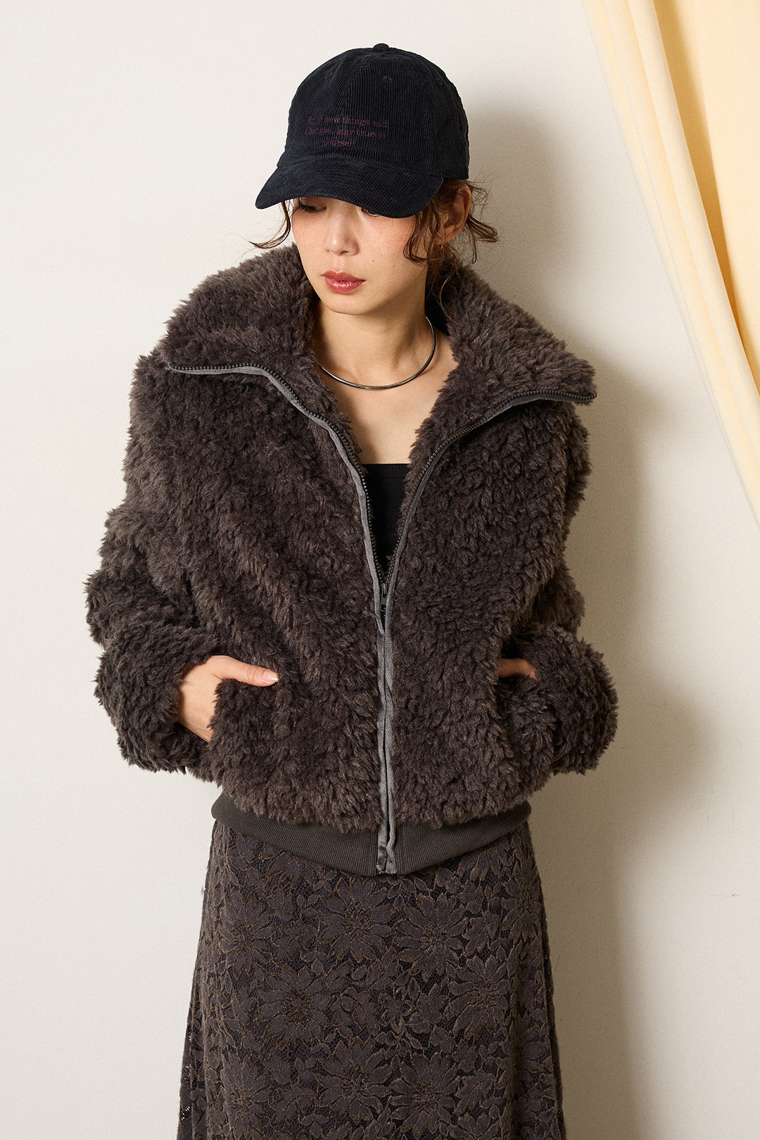 [SET]スタンドカラー裾リブボアブルゾン+ロープベルト付きスウェード調スカート(2set)