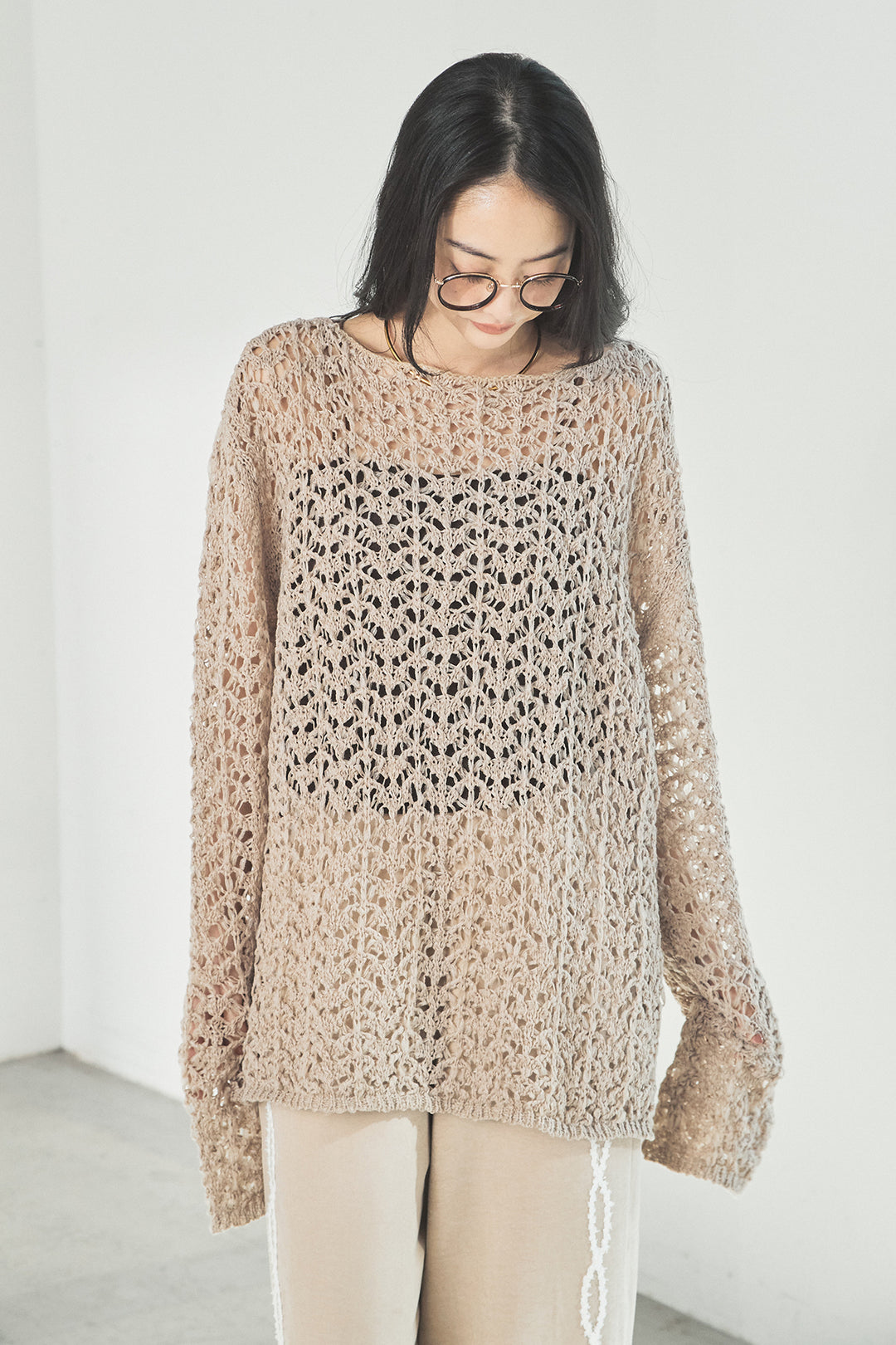 [SET]リラックスメッシュニットトップス+刺繡テープラインパンツ(2set)