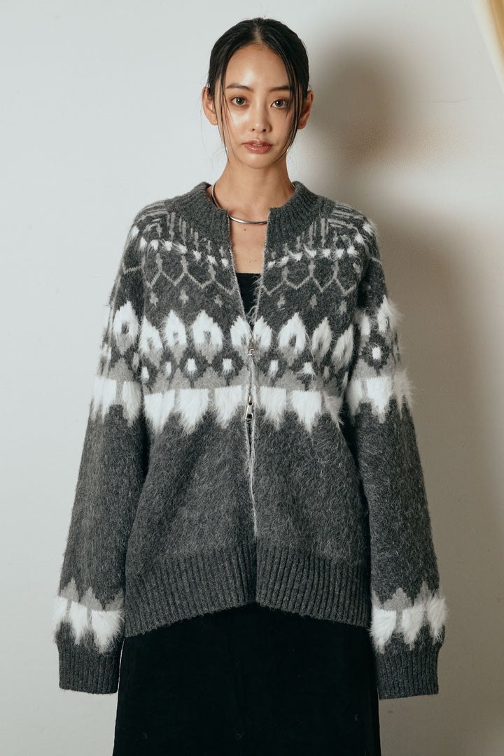 起毛ダブルジップパターンニットカーディガン
