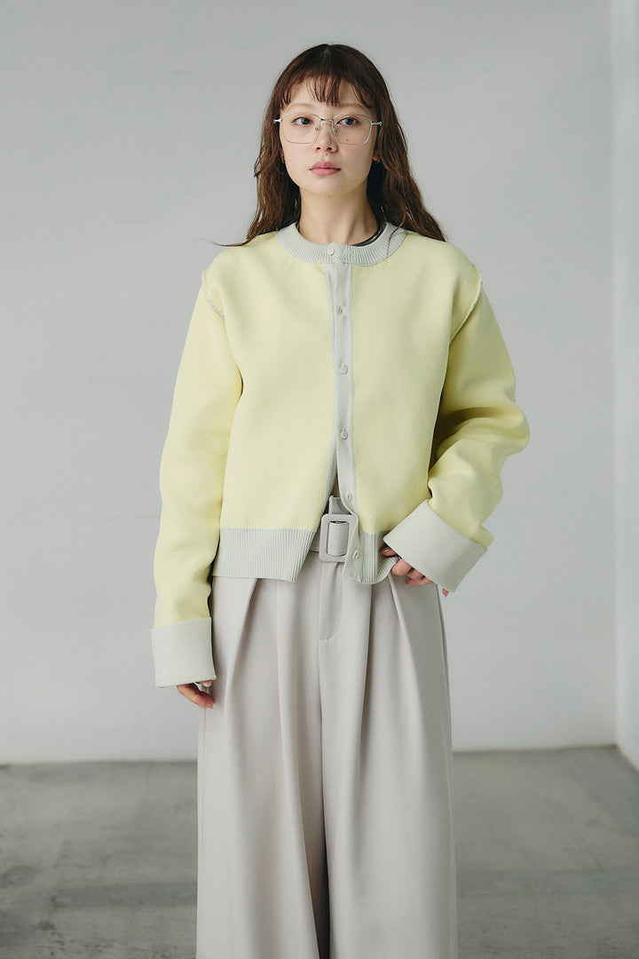 [SET]リバーシブル配色ニットカーディガン+デニムライクヘリンボーンタックパンツ(2set)