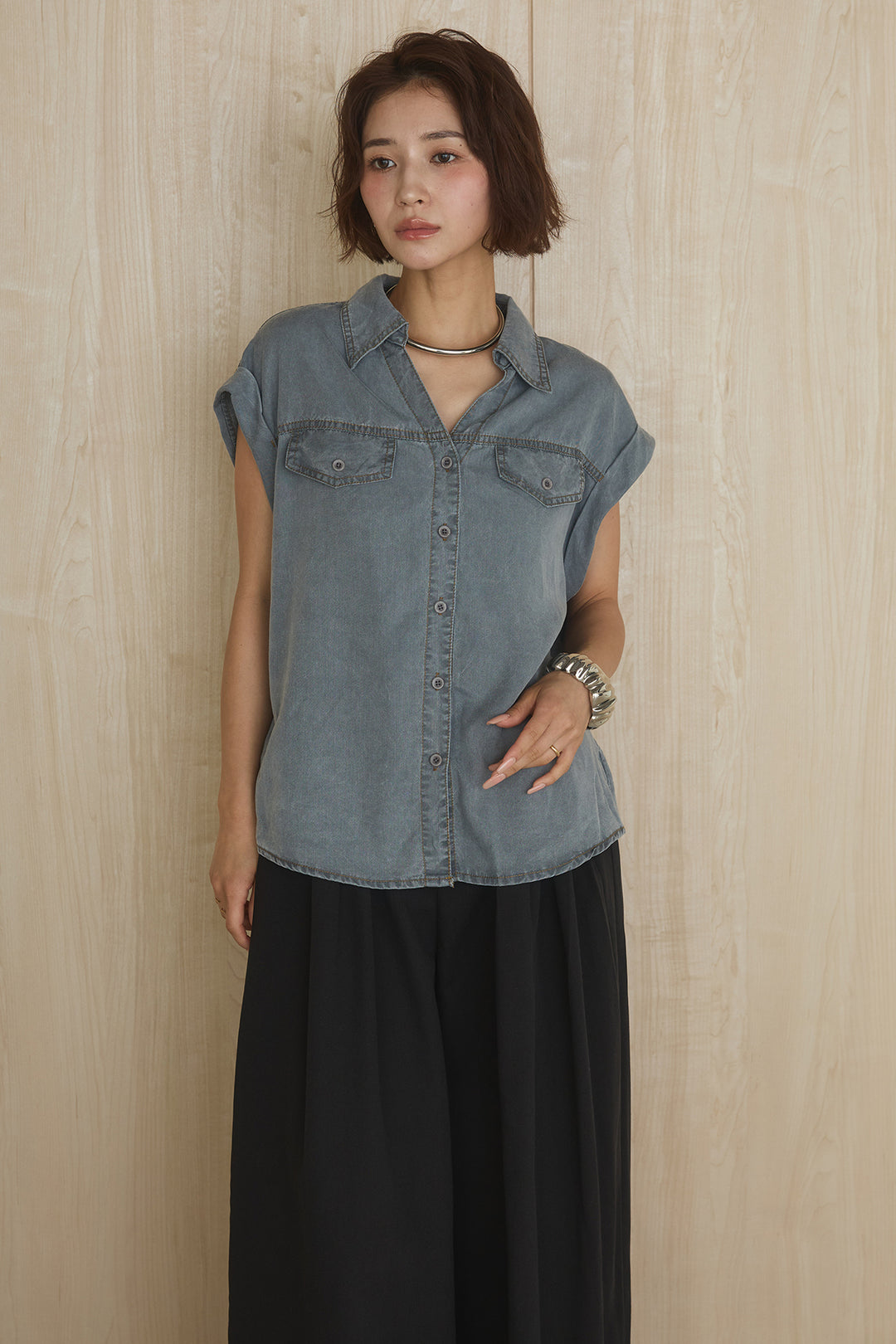 [SET]リヨセルデニムノースリシャツ+センタースリットデニムジャンスカ(2set)