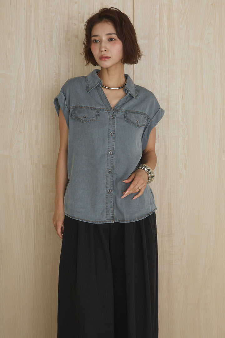 [SET]リヨセルデニムノースリシャツ+センタースリットデニムジャンスカ(2set)