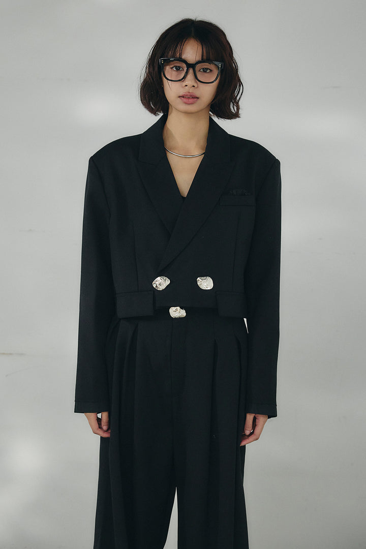 [SET]メタルプレートショート丈ジャケット+メタルプレートタックワイドパンツ(2set)