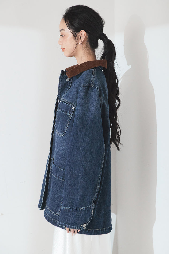 [SET]襟コーデュロイデニムカバーオール+ひげレース切替ロング丈スカート(2set)