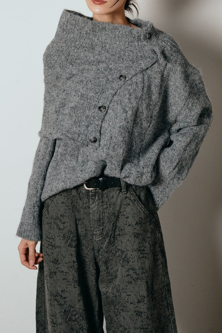 [SET]ケープデザインケーブルニットトップス+ベルト付きニュアンス柄カーブワイドパンツ(2set)