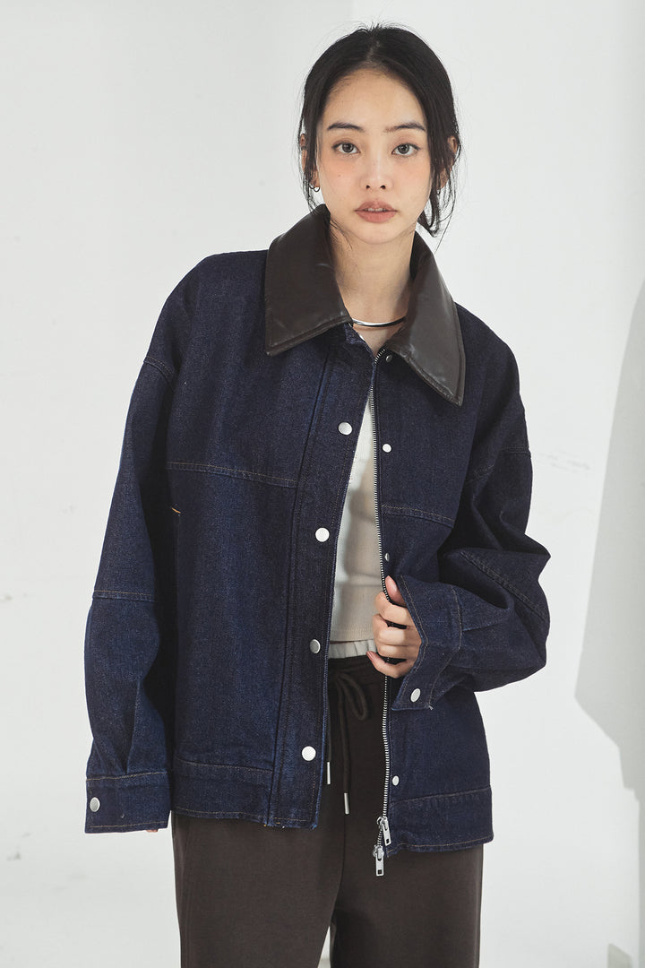 [SET]加工デニムレザー襟付きデニムブルゾン+カットリブレイヤードヘンリーネックワンピース(2set)
