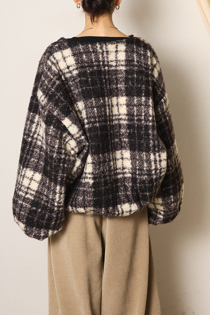 [SET]ノーカラーチェック柄ボアブルゾン+ベルトループコーデュロイワイドパンツ(2set)