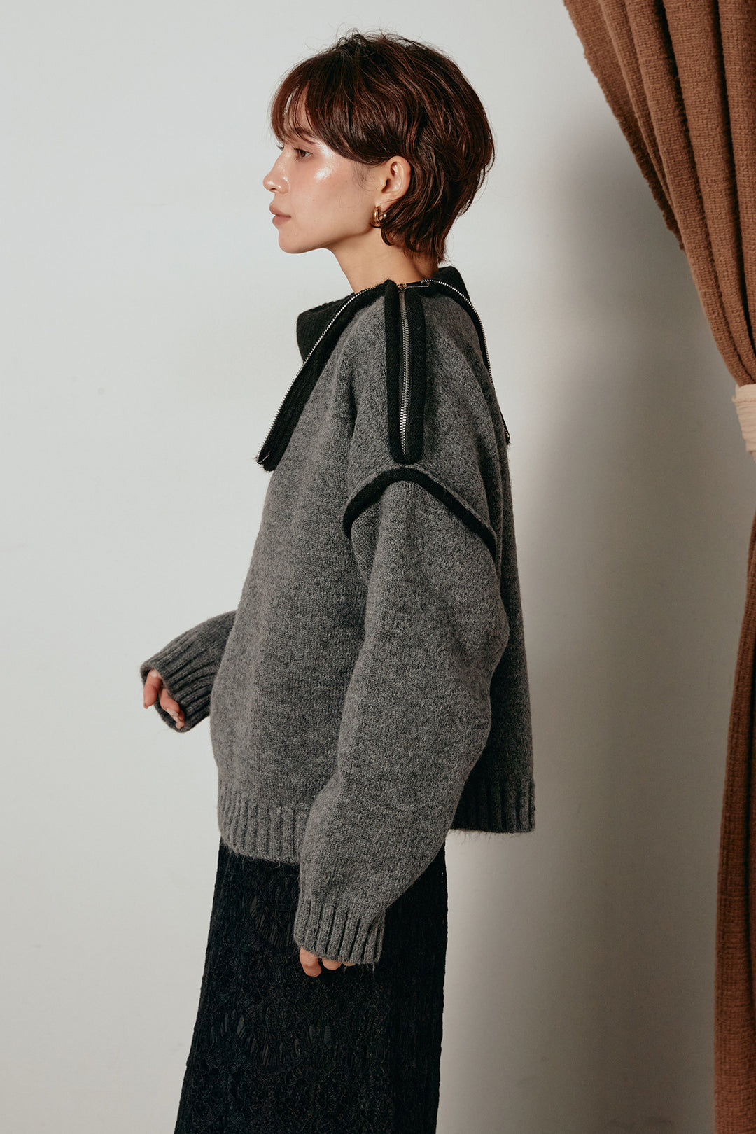 [SET]ハイネックジップデザインニットトップス+ベルト付きネップツイードカーブパンツ(2set)