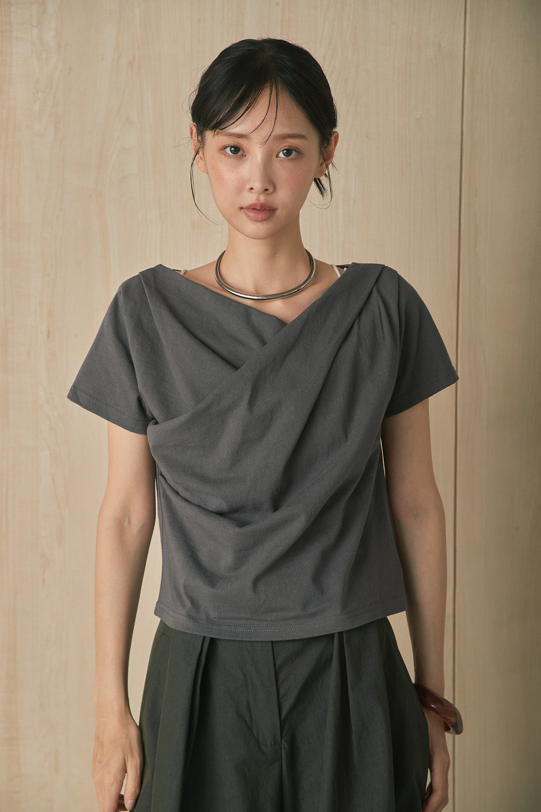 [SET]綿天竺半袖オフショルTシャツ+ニーサイドタックボリュームカーブパンツ(2set)